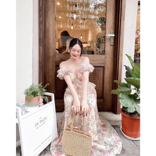 Maxi trễ vai thắt nơ lưng. thumb