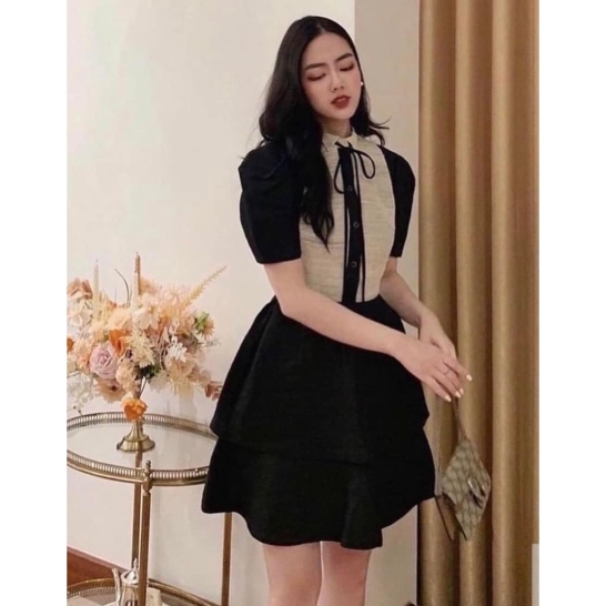 Váy tafta đen tầng nơ thumb