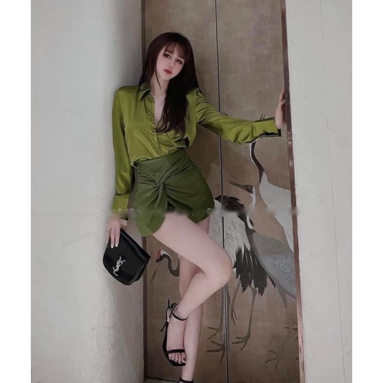 Chân váy da xanh rêu cao cấp thumb