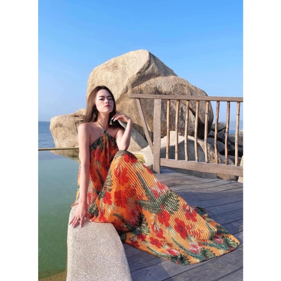 Maxi tơ hoa cam yếm thumb