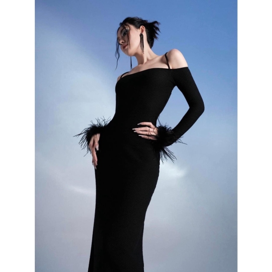 Váy ôm body tay lông vũ 2 màu đen, trắng thanh lịch thumb