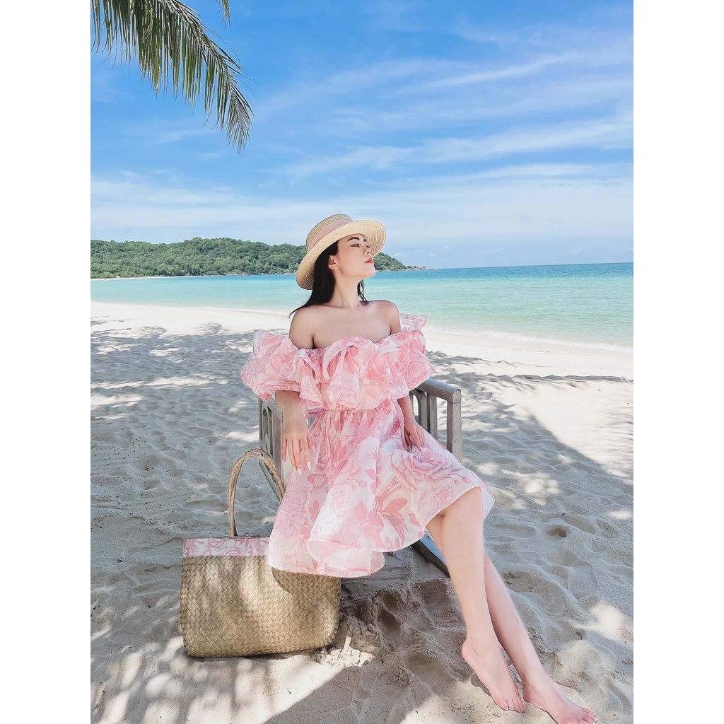 Váy tơ trễ vai xanh + hồng