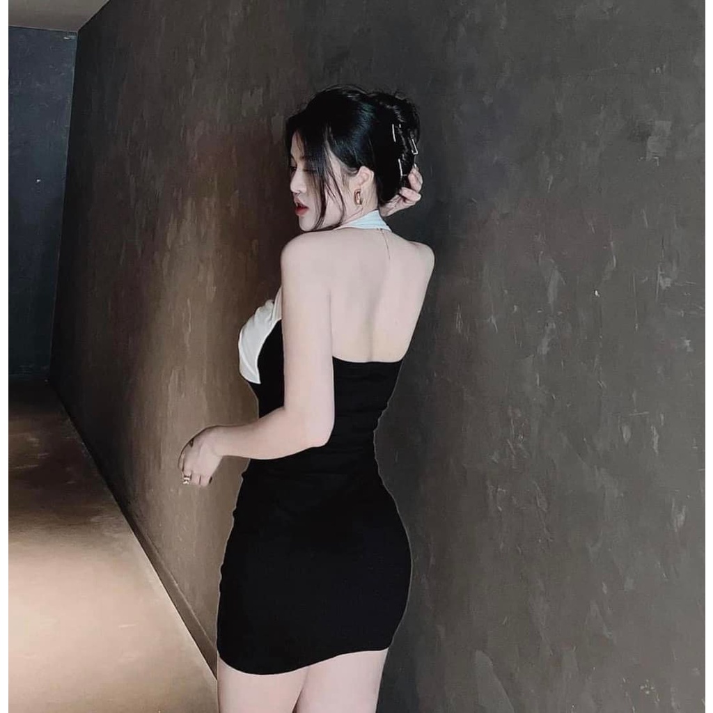 Váy xốp khoét nơ ngực 2 màu