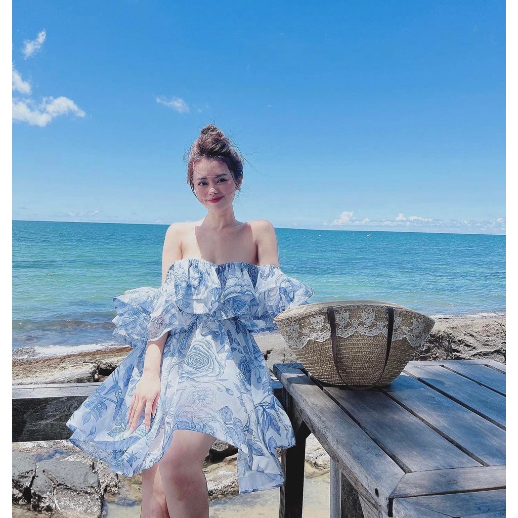 Váy tơ trễ vai xanh + hồng