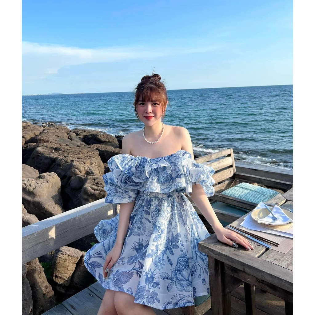 Váy tơ trễ vai xanh + hồng