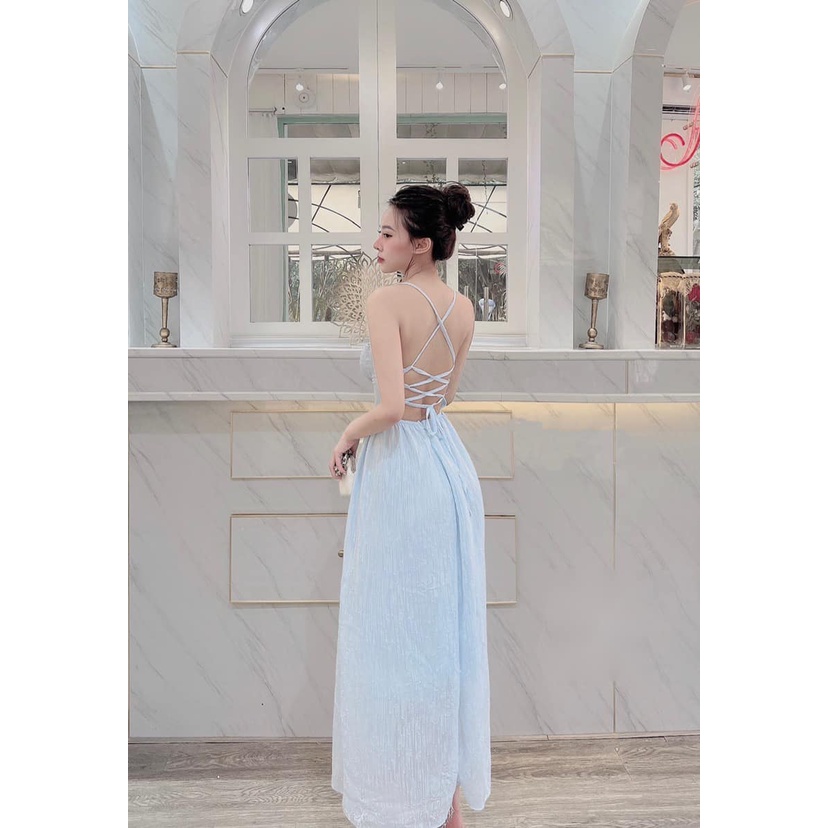 Maxi 2 dây voan đan dây lưng 3 màu.