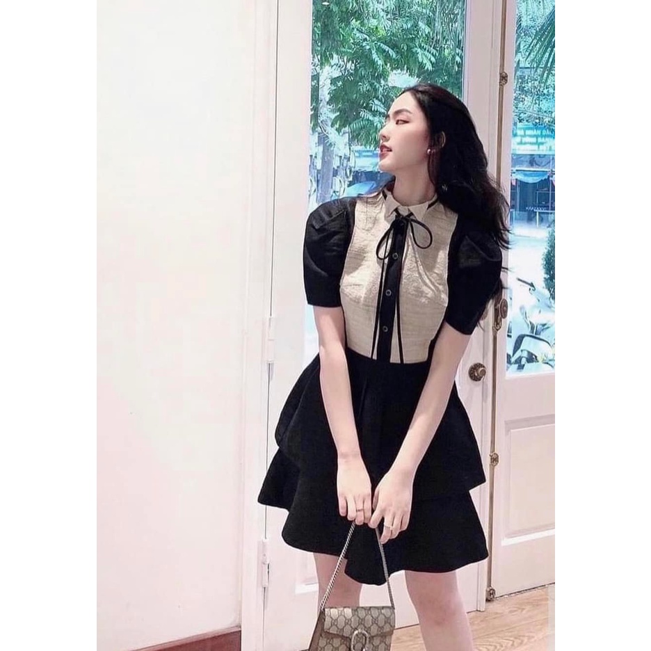 Váy tafta đen tầng nơ