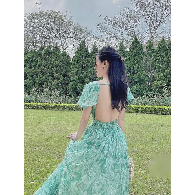 Maxi hoa hở lưng 2 màu