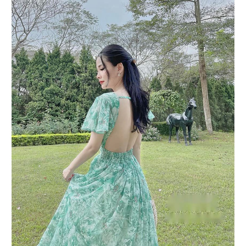 Maxi hoa hở lưng 2 màu