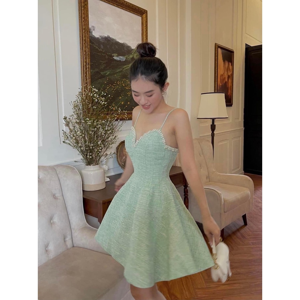 Váy tweed 2 dây kết ngọc 3 màu.