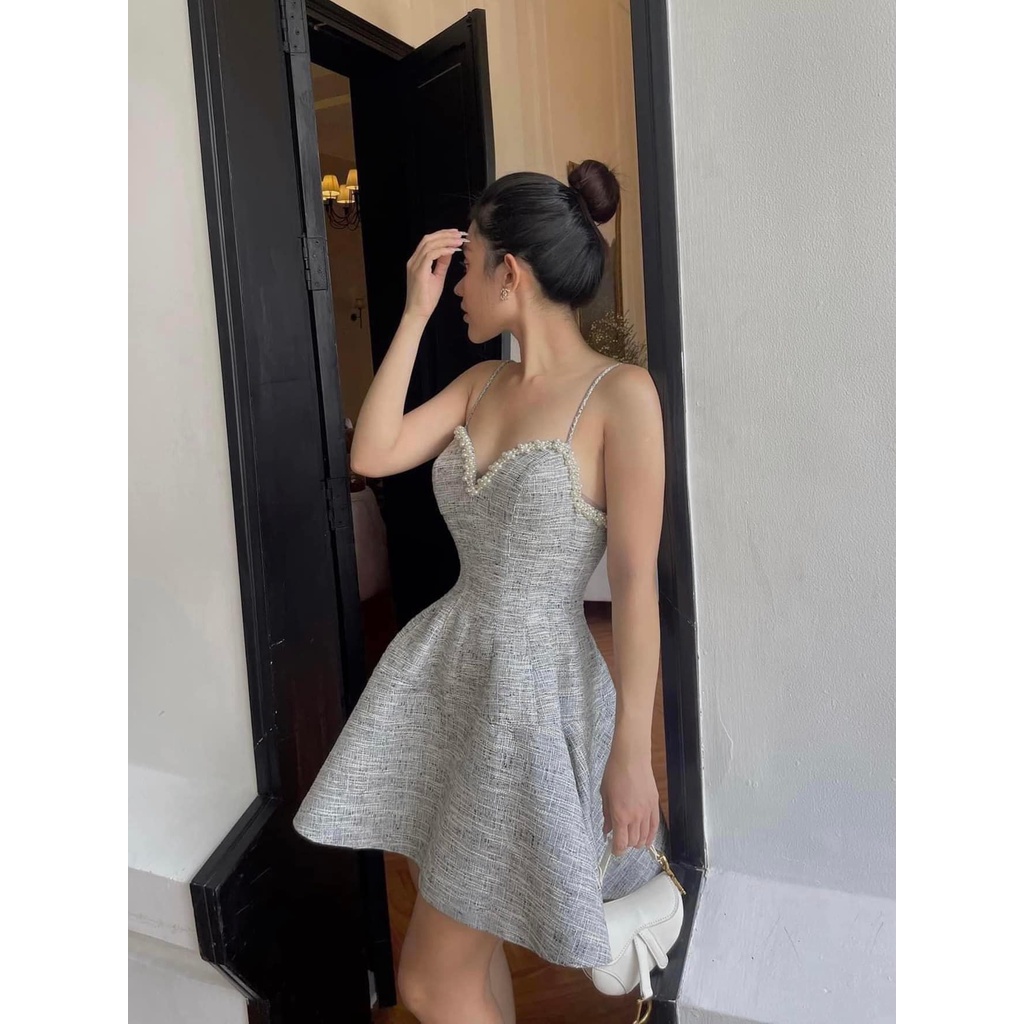 Váy tweed 2 dây kết ngọc 3 màu.