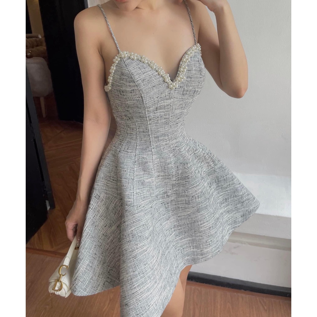 Váy tweed 2 dây kết ngọc 3 màu.