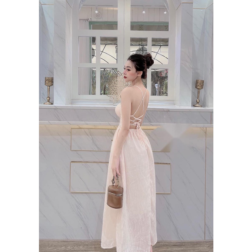 Maxi 2 dây voan đan dây lưng 3 màu.