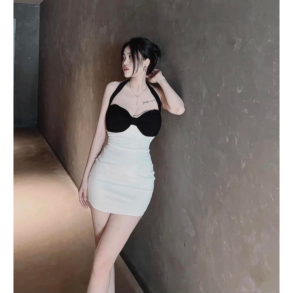 Váy xốp khoét nơ ngực 2 màu