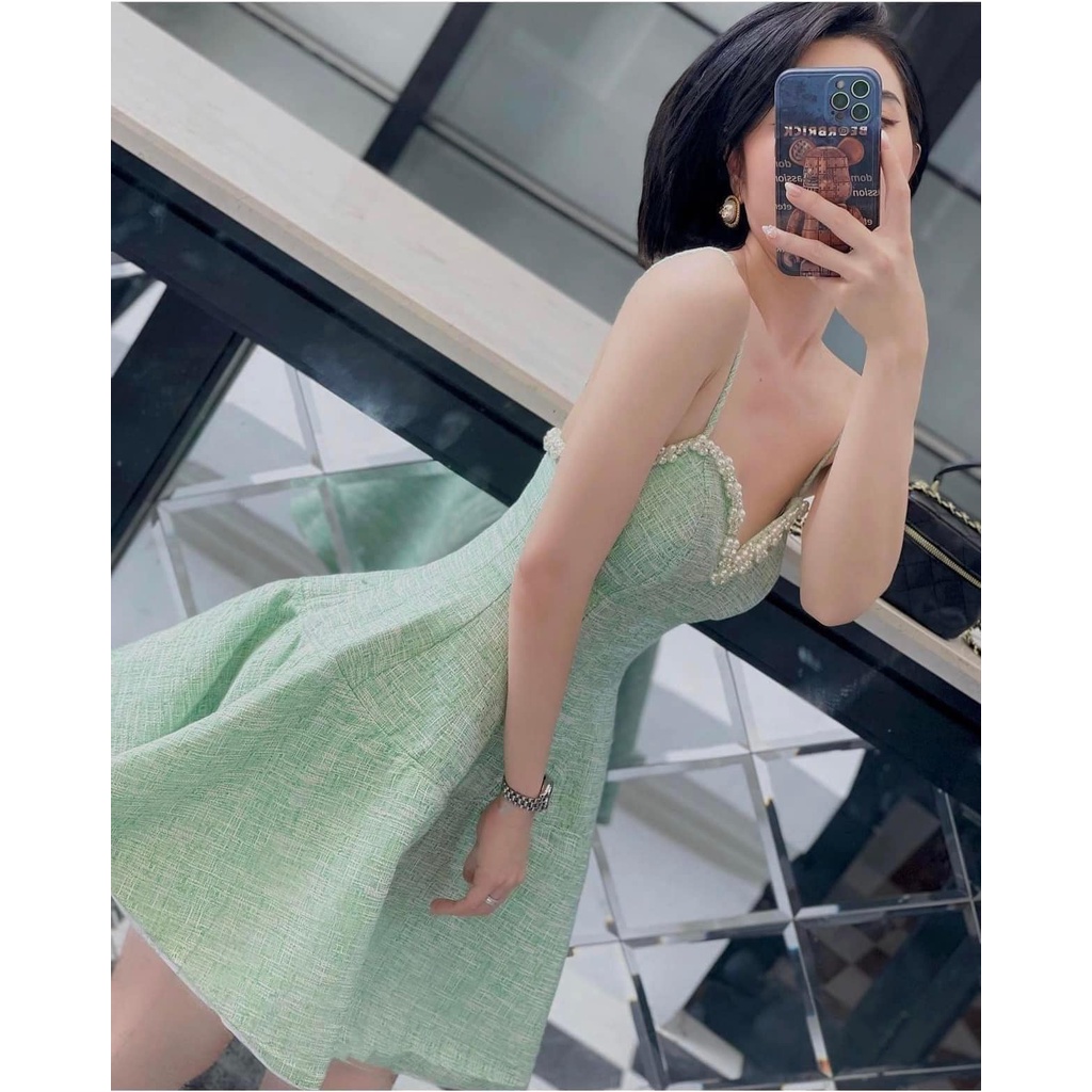 Váy tweed 2 dây kết ngọc 3 màu.