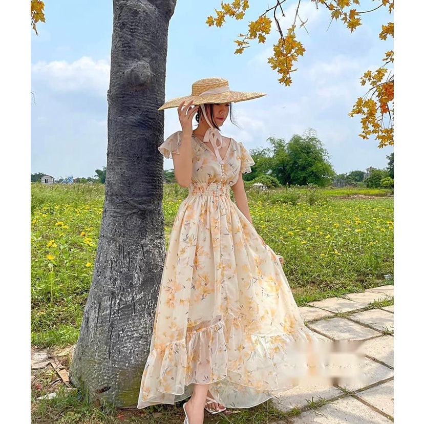 Maxi hoa hở lưng 2 màu