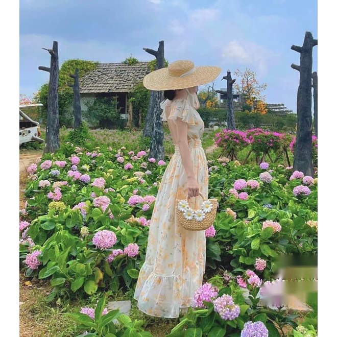 Maxi hoa hở lưng 2 màu