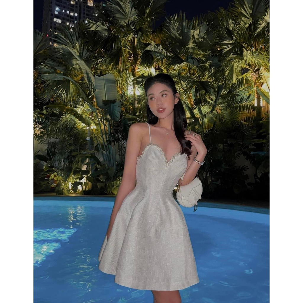 Váy tweed 2 dây kết ngọc 3 màu.