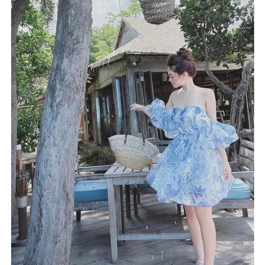 Váy tơ trễ vai xanh + hồng