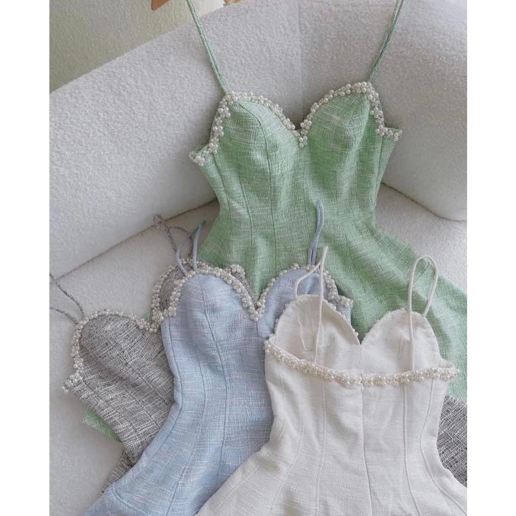 Váy tweed 2 dây kết ngọc 3 màu.