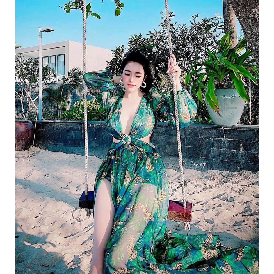 Đầm tơ hoạ tiết đi biển