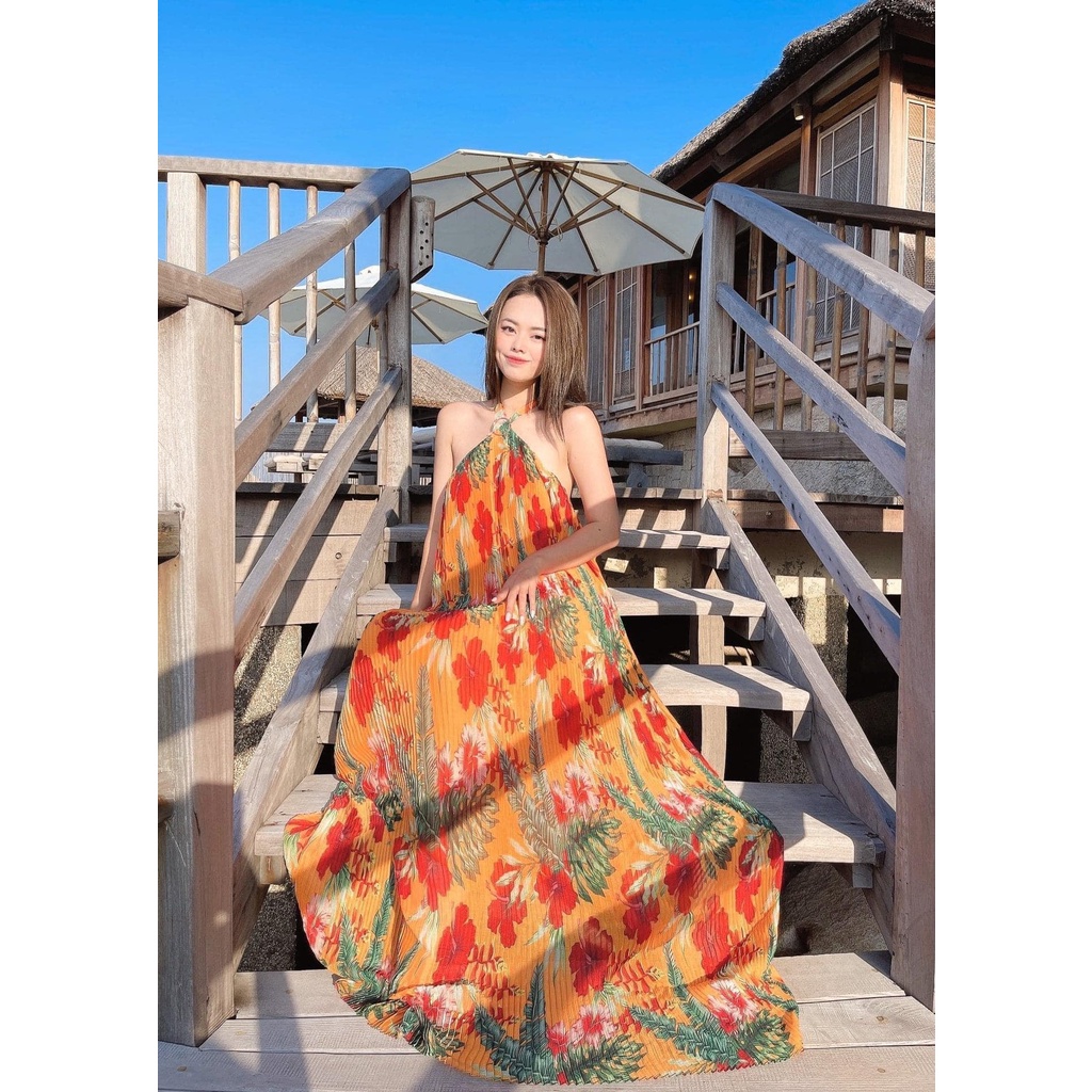 Maxi tơ hoa cam yếm