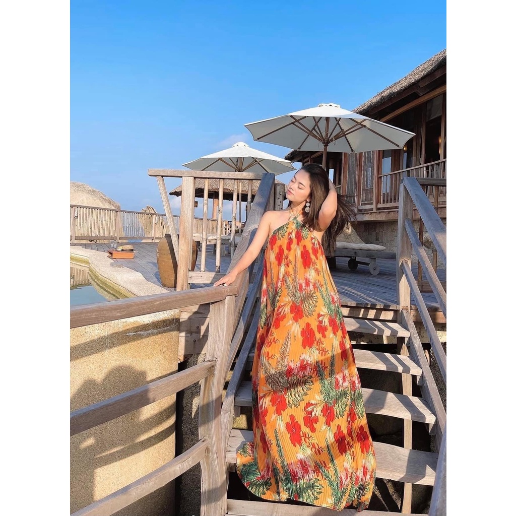 Maxi tơ hoa cam yếm