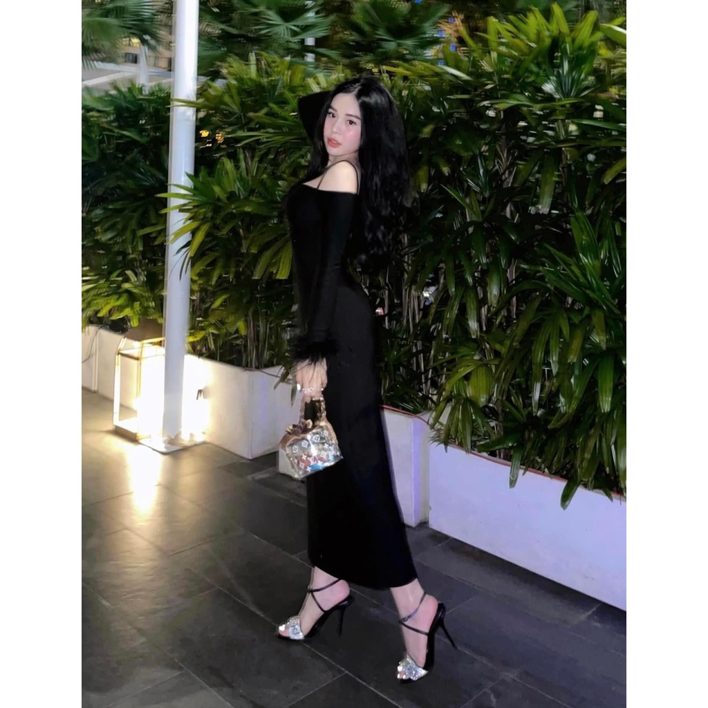 Váy ôm body tay lông vũ 2 màu đen, trắng thanh lịch