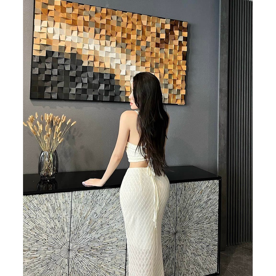 Set áo dây đan + chân váy lưới 2 màu