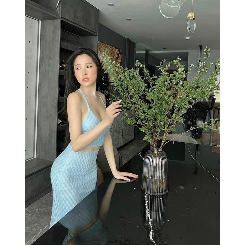 Set áo dây đan + chân váy lưới 2 màu