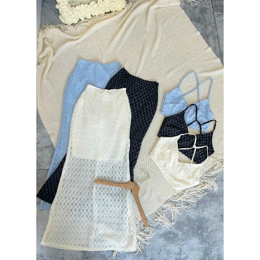 Set áo dây đan + chân váy lưới 2 màu